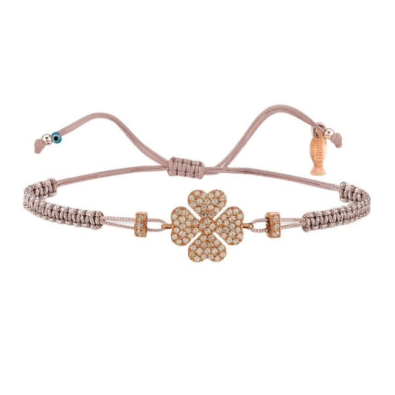 Bracciale Filo Macrame Rosa e Quadrifoglio Oro Rosa