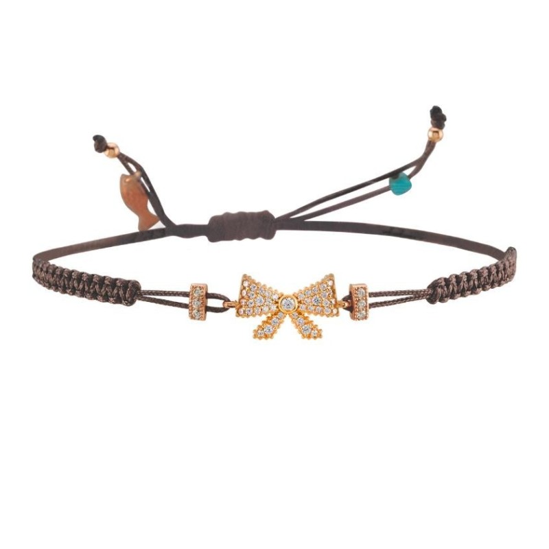 Bracciale Filo Macrame Marrone con Fiocco Rosato