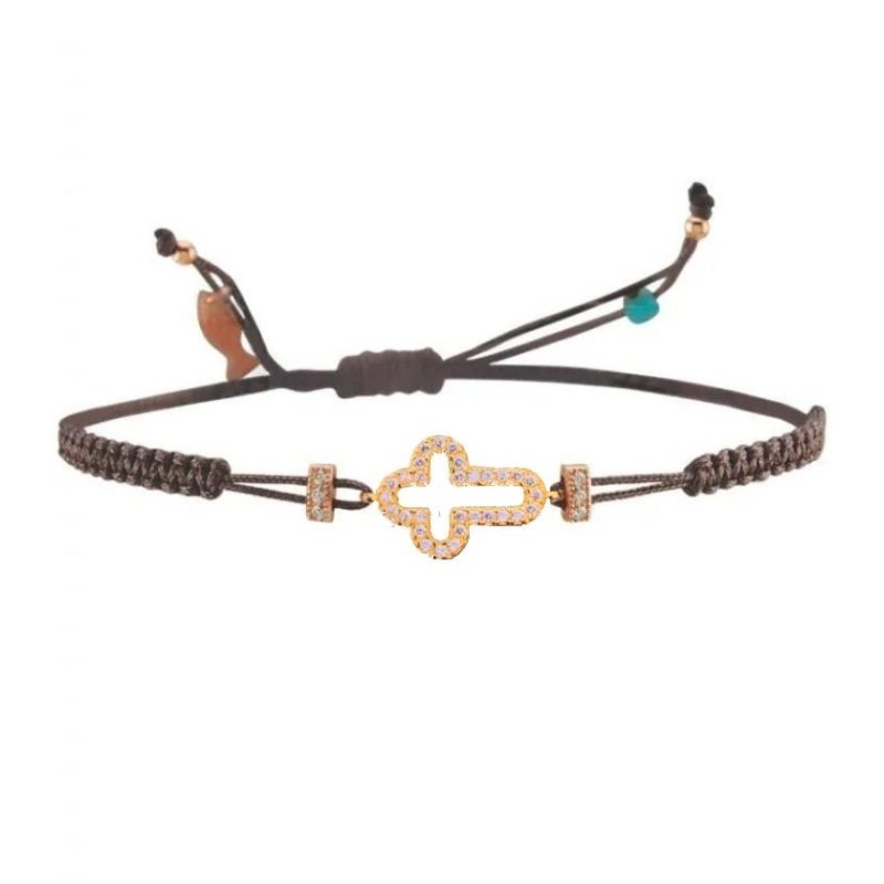 Bracciale Croce Oro Filo Macramè Taupe