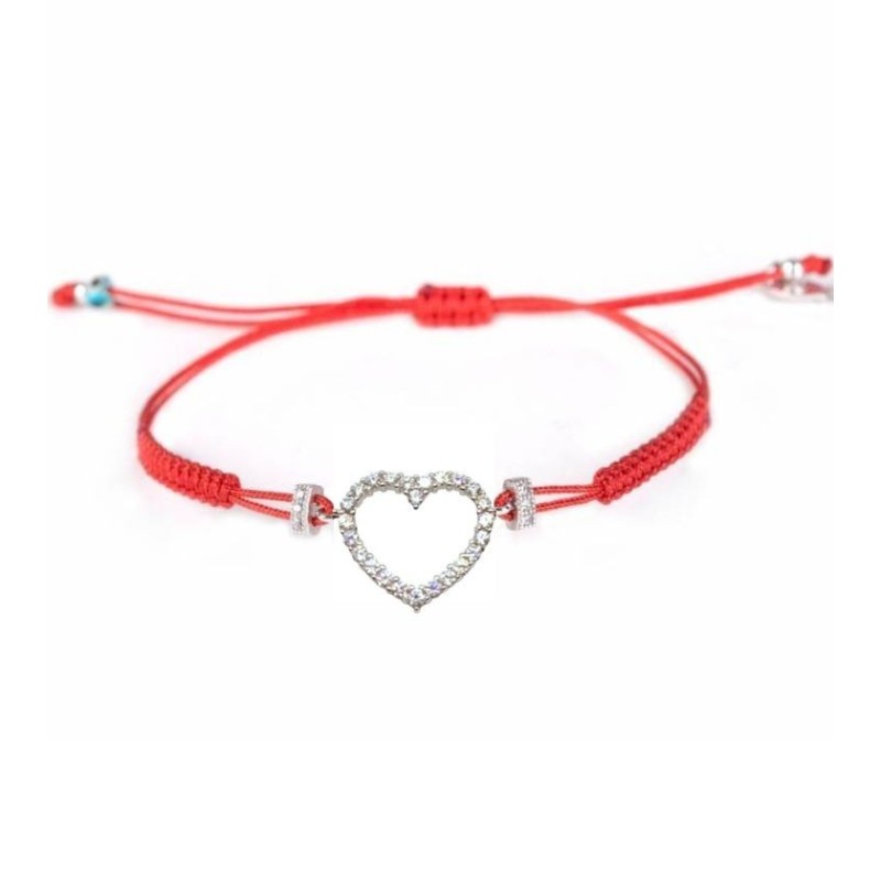 Bracciale Cuore Grande Argento Filo Macramè Rosso