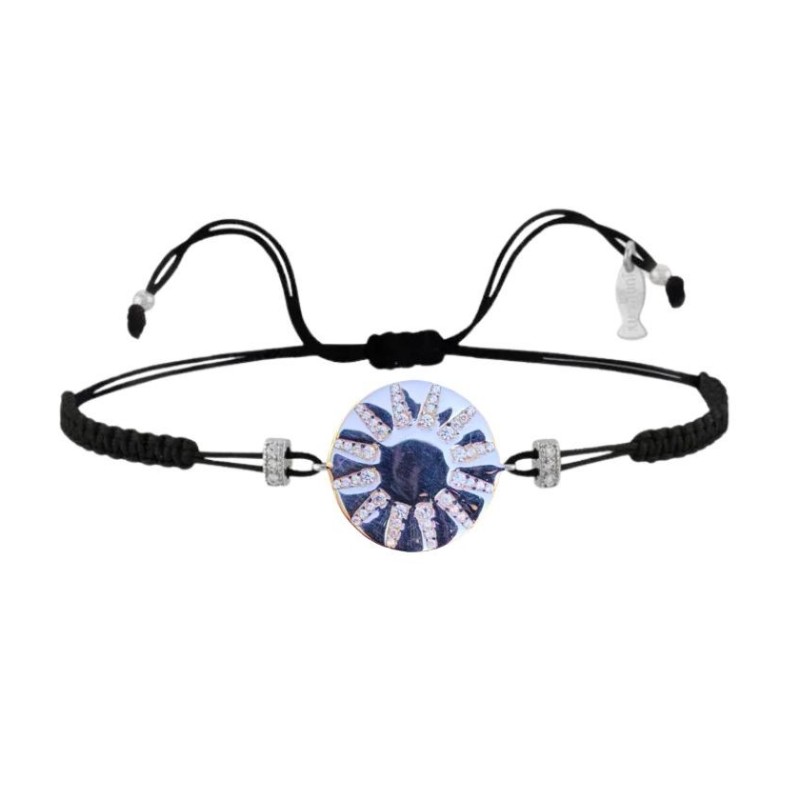 Bracciale Medaglia con Sole Argento Filo Macramè Nero